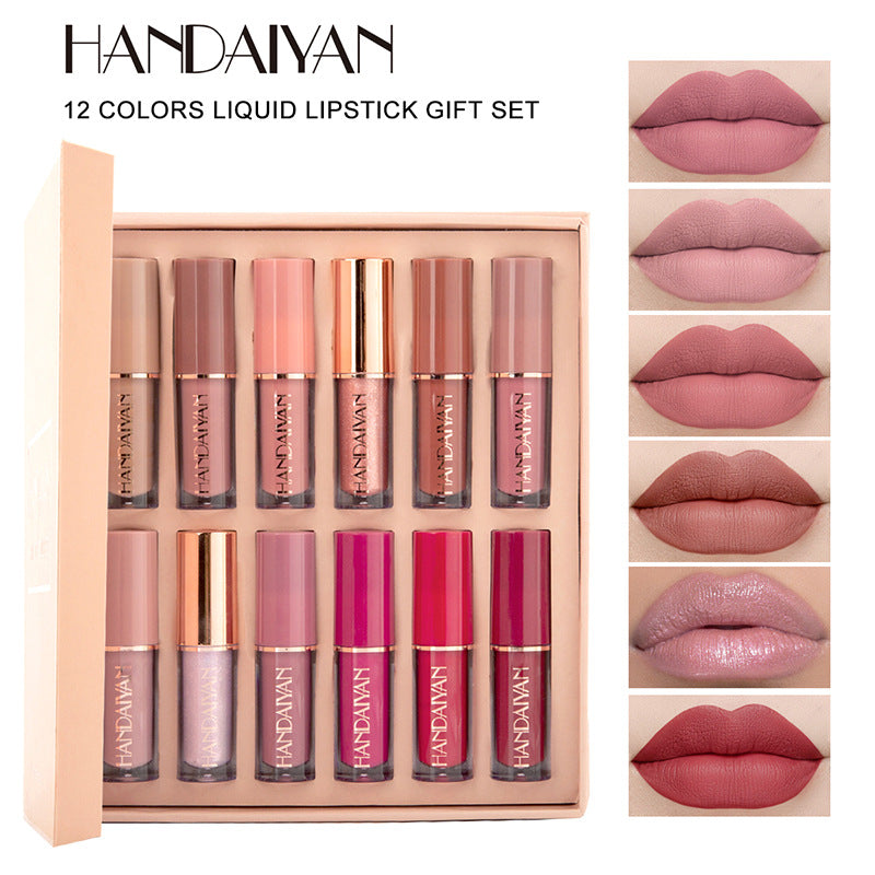 HANDAIYAN 12 Color Lip Gloss Set Liquid Lipstick Set Matte Pearlescent Non-Stick Cup
