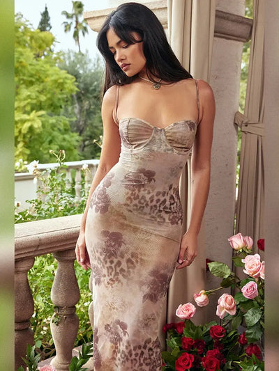 Abito lungo fantasia scollato donna brown MUST HAVE