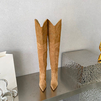 Knee Boots Suede real Leather Pointed Toe Embroidery Long Boots eprolo BAD PEOPLE