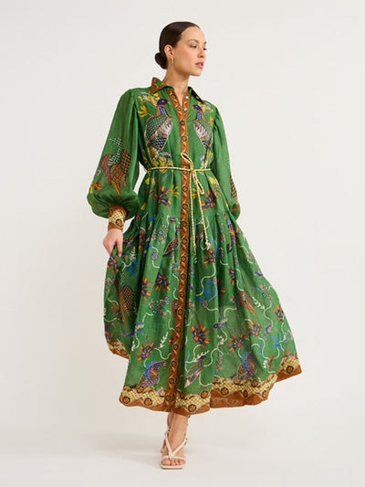 Birds Flower Printed Long Dress Women Belts eprolo BAD PEOPLE