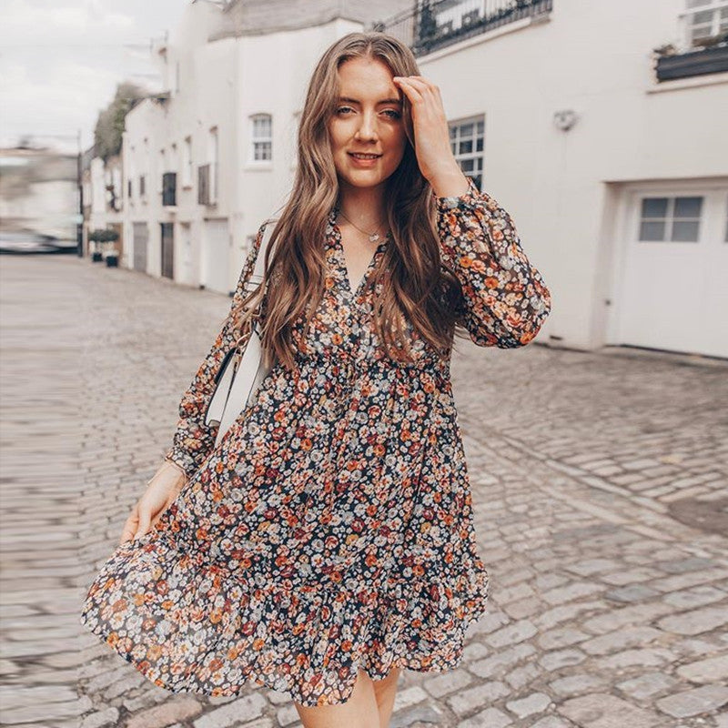 Vestido de manga larga con estampado bohemio vestido plisado para mujer 
