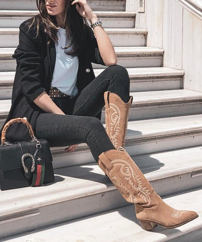 Camperos donna texano alto ricamato beige MUST HAVE