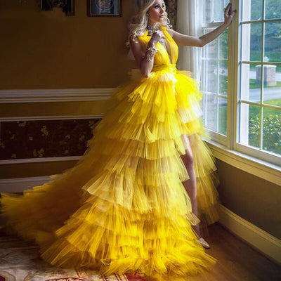 Abito lungo donna Elena giallo con balze scollato Yellow CELEBRITY