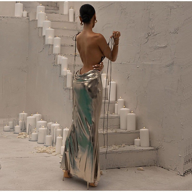 Abito lungo cromo schiena scoperta donna