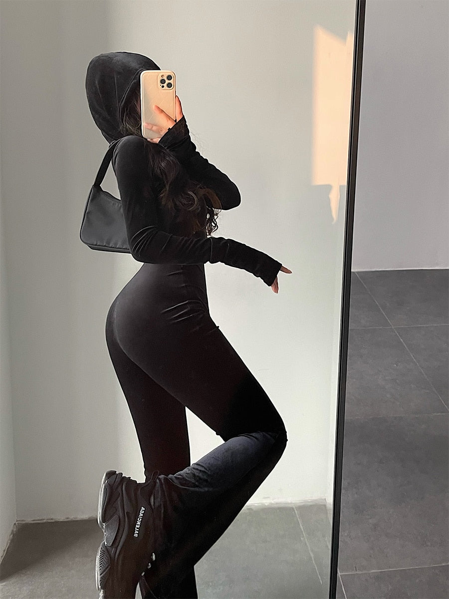 Black Velvet Slim Hooded Zipper Long Sleeve Jumpsuit