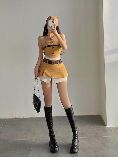 Girls Short Bodice Top High Waist A-shaped Fake Two-piece Set MUST HAVE