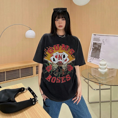 Vintage Rock Band Print T-shirt Wash Black MUST HAVE