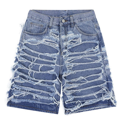 Hip Hop Jeans Shorts Y2K Streetwear Distressed Destroyed Tassel Denim Short Blue HYPE